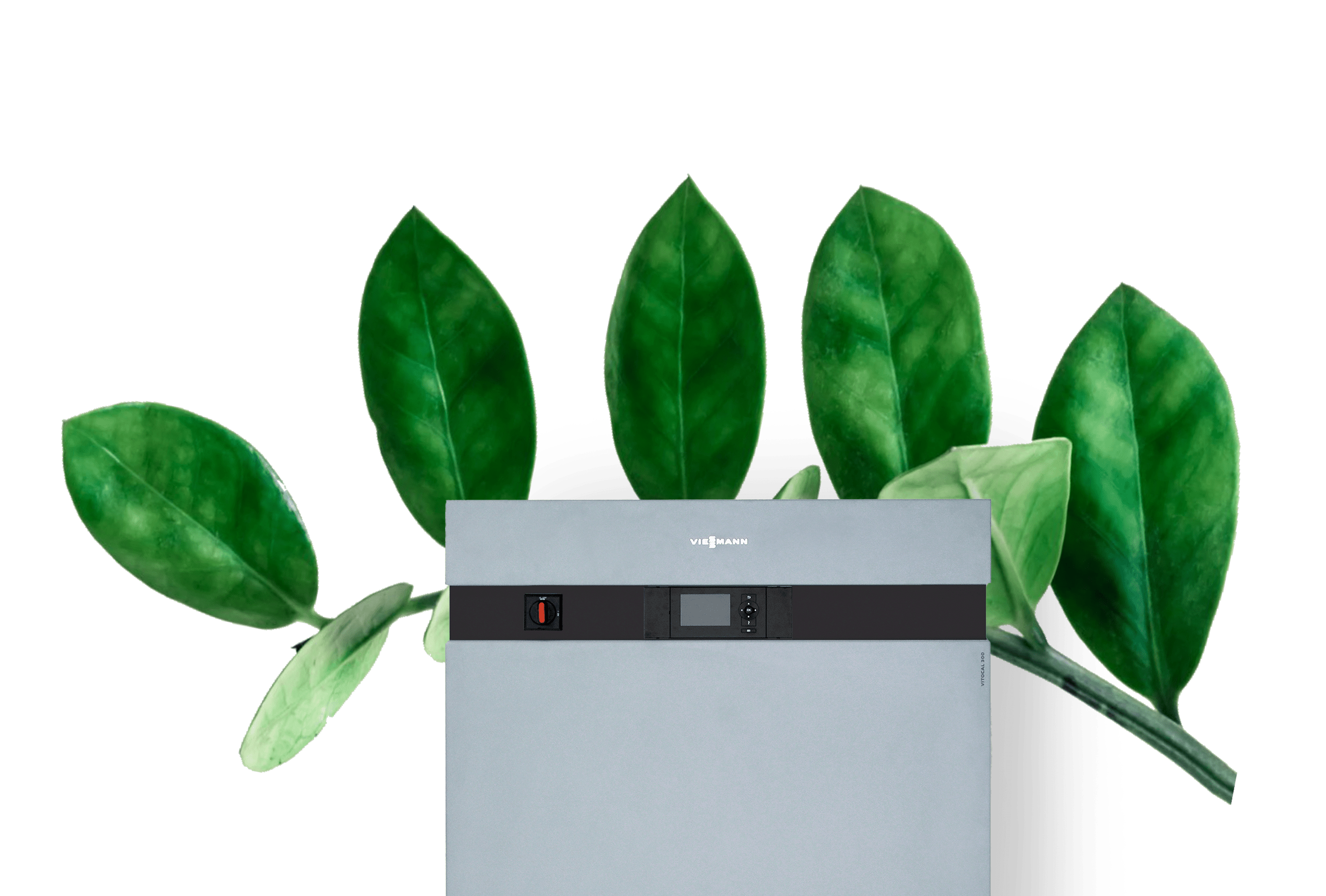 grey heat pump with decorative green plant behind it